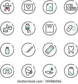 line vector icon set - baby vector, first aid kit, diet list, hospital building, tonometer, drop counter, floor scales, pills, bottle, scalpel, medical patch, tooth, kidneys, mask, hand