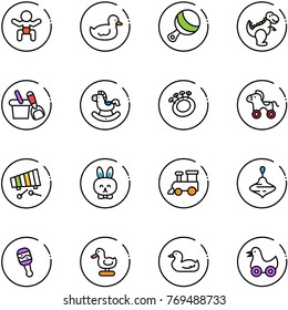 line vector icon set - baby vector, duck toy, beanbag, dinosaur, shovel bucket, rocking horse, wheel, xylophone, rabbit, train, wirligig