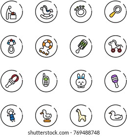 line vector icon set - baby room vector, rocking horse, beanbag, teethers, wheel, phone toy, rabbit, doll, duck, giraffe