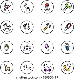 line vector icon set - baby vector, room, pyramid toy, beanbag, rocking horse, phone, carousel, doll, giraffe, duck, soother