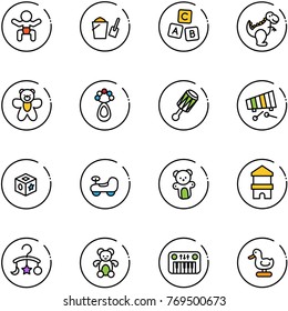 line vector icon set - baby vector, bucket scoop, abc cube, dinosaur toy, bear, beanbag, xylophone, car, block house, carousel, piano, duck