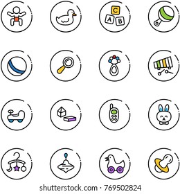 line vector icon set - baby vector, duck toy, abc cube, beanbag, ball, xylophone, car, constructor blocks, phone, rabbit, carousel, wirligig, soother