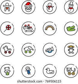 line vector icon set - baby vector, santa claus, snowman, lollipop, sleigh, rainbow, crocodile, wheel horse, elephant, horn toy, doll, bear, duck, cat