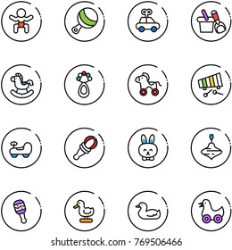 line vector icon set - baby vector, beanbag, car toy, shovel bucket, rocking horse, wheel, xylophone, rabbit, wirligig, duck