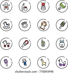 line vector icon set - baby vector, room, pyramid toy, beanbag, rocking horse, teethers, wheel, phone, rabbit, doll, giraffe, duck