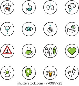 line vector icon set - baby vector, stomach, lungs, brain, bladder, eye, disabled, investment, pedestrian road sign, user check, group, heart, idea, head bulb, team leader, feet