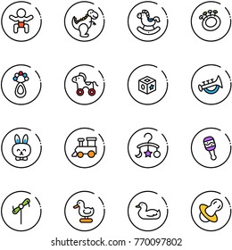 line vector icon set - baby vector, dinosaur toy, rocking horse, beanbag, wheel, cube, horn, rabbit, train, carousel, windmill, duck, soother