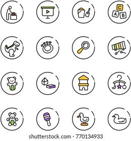 line vector icon set - baby room vector, presentation board, bucket scoop, abc cube, dinosaur toy, beanbag, xylophone, bear, constructor blocks, block house, carousel, duck