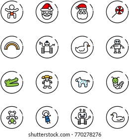 line vector icon set - baby vector, santa claus, lollipop, rainbow, robot, duck toy, crocodile, doll, horse, caterpillar, bear