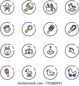 line vector icon set - baby vector, beanbag, shovel bucket, rocking horse, toy rabbit, carousel, wirligig, unicorn stick, duck