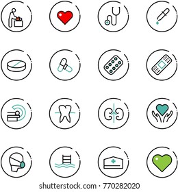 line vector icon set - baby room vector, heart, stethoscope, pipette, pill, pills, blister, medical patch, mri, tooth, kidneys, care, mask, pool, doctor hat