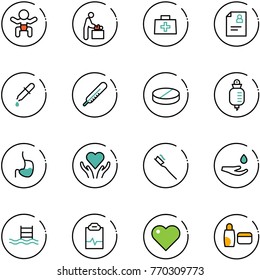 line vector icon set - baby vector, room, doctor bag, patient card, pipette, thermometer, pill, drop counter, stomach, heart care, tooth brush, hand, pool, pulse clipboard, uv cream