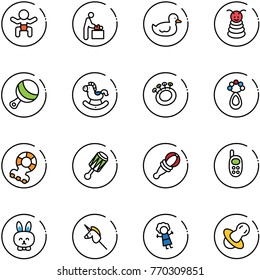 line vector icon set - baby vector, room, duck toy, pyramid, beanbag, rocking horse, teethers, phone, rabbit, unicorn stick, doll, soother