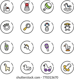 line vector icon set - baby room vector, pyramid toy, beanbag, rocking horse, doll, phone, unicorn stick, duck, giraffe, soother