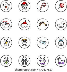 line vector icon set - baby vector, santa claus, lollipop, sleigh, christmas elf, rainbow, duck toy, bear, doll, horse, rabbit, robot, monster