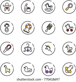 line vector icon set - baby vector, room, rocking horse, beanbag, teethers, wheel, carousel, toy unicorn stick, duck, giraffe, soother