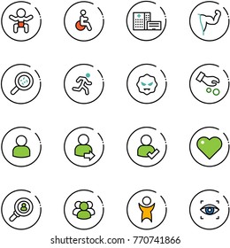 line vector icon set - baby vector, disabled, hospital building, power hand, bacteria, run, virus, investment, user, login, check, heart, head hunter, group, success, eye scanner