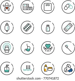 line vector icon set - baby vector, hospital building, floor scales, pills, drop counter, blister, bottle, medical patch, mri, stomach, heart care, tooth brush, liquid soap, pool, uv cream