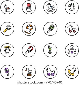 line vector icon set - baby room vector, pyramid toy, rocking horse, beanbag, teethers, wheel, doll, phone, carousel, duck, soother