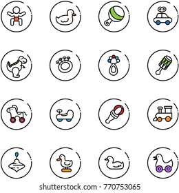 line vector icon set - baby vector, duck toy, beanbag, car, dinosaur, wheel horse, train, wirligig