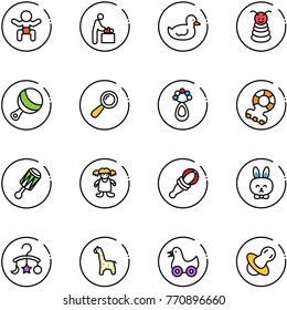 line vector icon set - baby vector, room, duck toy, pyramid, beanbag, teethers, doll, rabbit, carousel, giraffe, soother