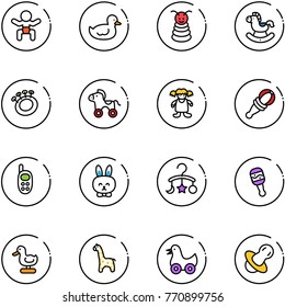 line vector icon set - baby vector, duck toy, pyramid, rocking horse, beanbag, wheel, doll, phone, rabbit, carousel, giraffe, soother