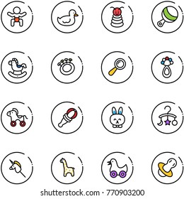 line vector icon set - baby vector, duck toy, pyramid, beanbag, rocking horse, wheel, rabbit, carousel, unicorn stick, giraffe, soother