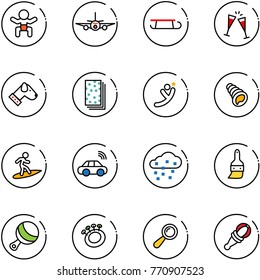 line vector icon set - baby vector, plane, sleigh, wine glasses, dog, breads, flying man, shell, surfing, car wireless, snow, brush, beanbag