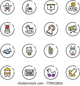 line vector icon set - baby vector, room, presentation board, abc cube, pyramid toy, rocking horse, teethers, xylophone, horn, bear, phone, rabbit, block house, piano, duck, soother