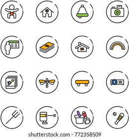 line vector icon set - baby vector, home, bell, camera, presentation, dollar, rainbow, photo, dragonfly, skateboard, projector, farm fork, laser lever, shovel bucket, baseball bat