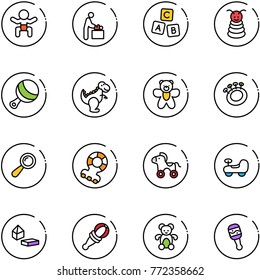 line vector icon set - baby vector, room, abc cube, pyramid toy, beanbag, dinosaur, bear, teethers, wheel horse, car, constructor blocks