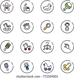 line vector icon set - baby vector, room, duck toy, beanbag, rocking horse, wheel, carousel, unicorn stick, doll, soother