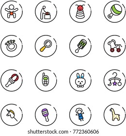 line vector icon set - baby vector, room, pyramid toy, beanbag, wheel horse, phone, rabbit, carousel, unicorn stick, doll, giraffe
