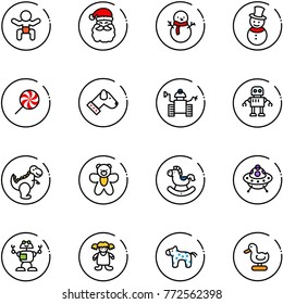 line vector icon set - baby vector, santa claus, snowman, lollipop, dog, robot, dinosaur toy, bear, rocking horse, ufo, doll, duck