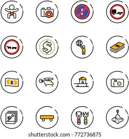 line vector icon set - baby vector, camera, no parkin odd, trailer road sign, cart horse, dollar, world, money, helicopter, bungalow, photo, skateboard, shovel fork toy, wirligig
