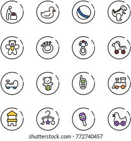 line vector icon set - baby room vector, duck toy, ball, dinosaur, bear, beanbag, wheel horse, car, phone, train, block house, carousel