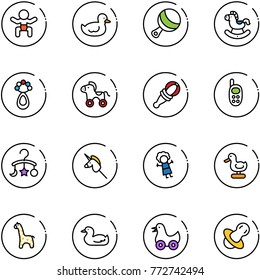 line vector icon set - baby vector, duck toy, beanbag, rocking horse, wheel, phone, carousel, unicorn stick, doll, giraffe, soother