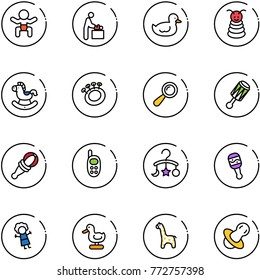 line vector icon set - baby vector, room, duck toy, pyramid, rocking horse, beanbag, phone, carousel, doll, giraffe, soother