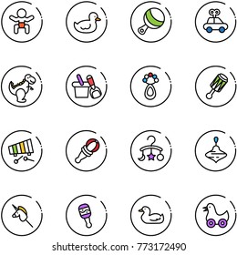 line vector icon set - baby vector, duck toy, beanbag, car, dinosaur, shovel bucket, xylophone, carousel, wirligig, unicorn stick
