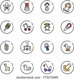line vector icon set - baby vector, pyramid toy, beanbag, teethers, wheel horse, doll, phone, carousel, duck, giraffe, soother