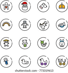 line vector icon set - baby vector, santa claus, dog, crown, rainbow, robot, dinosaur toy, horn, doll, bear, caterpillar, rabbit, duck, cat