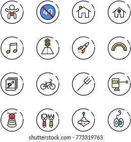 line vector icon set - baby vector, end minimal speed limit road sign, home, music, dollar, rocket, rainbow, photo, bike, farm fork, laser lever, pyramid toy, shovel, wirligig, yoyo