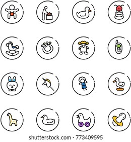 line vector icon set - baby vector, room, duck toy, pyramid, rocking horse, beanbag, doll, phone, rabbit, unicorn stick, giraffe, soother