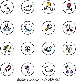 line vector icon set - baby room vector, duck toy, abc cube, pyramid, car, ball, beanbag, wheel horse, xylophone, horn, bear