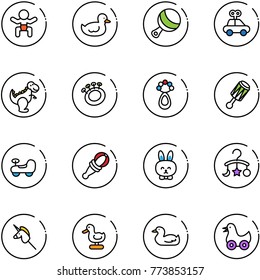 line vector icon set - baby vector, duck toy, beanbag, car, dinosaur, rabbit, carousel, unicorn stick