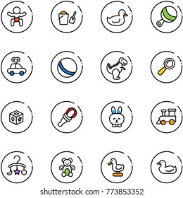 line vector icon set - baby vector, bucket scoop, duck toy, beanbag, car, ball, dinosaur, cube, rabbit, train, carousel, bear