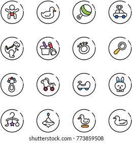 line vector icon set - baby vector, duck toy, beanbag, car, dinosaur, shovel bucket, wheel horse, rabbit, carousel, wirligig