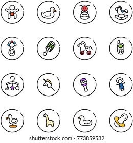 line vector icon set - baby vector, duck toy, pyramid, rocking horse, beanbag, wheel, phone, carousel, unicorn stick, doll, giraffe, soother