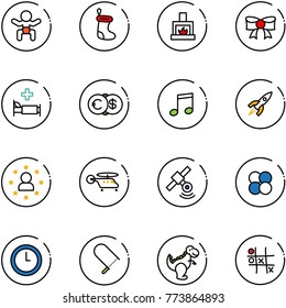 line vector icon set - baby vector, christmas sock, fireplace, bow, hospital bed, euro dollar, music, rocket, star man, helicopter, satellite, atom core, clock, fretsaw, dinosaur toy, Tic tac toe