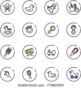 line vector icon set - baby vector, duck toy, dinosaur, shovel bucket, rocking horse, beanbag, xylophone, car, unicorn stick